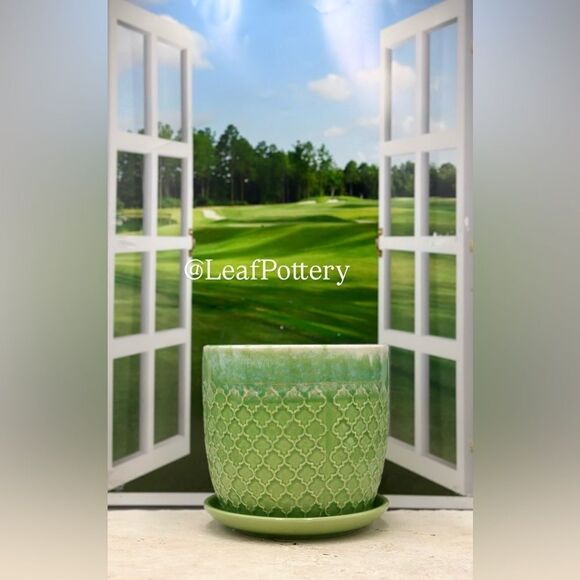 Celadon Green/Blue Ceramic Planter with Saucer Attached - Picture 5 of 9